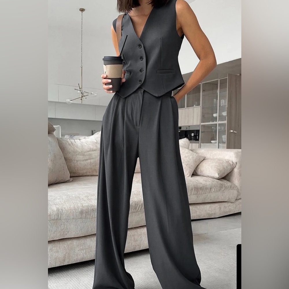 Commense Solid V-Neck Waistcoat With Wide Leg Vest Pants Set Grey Size XS